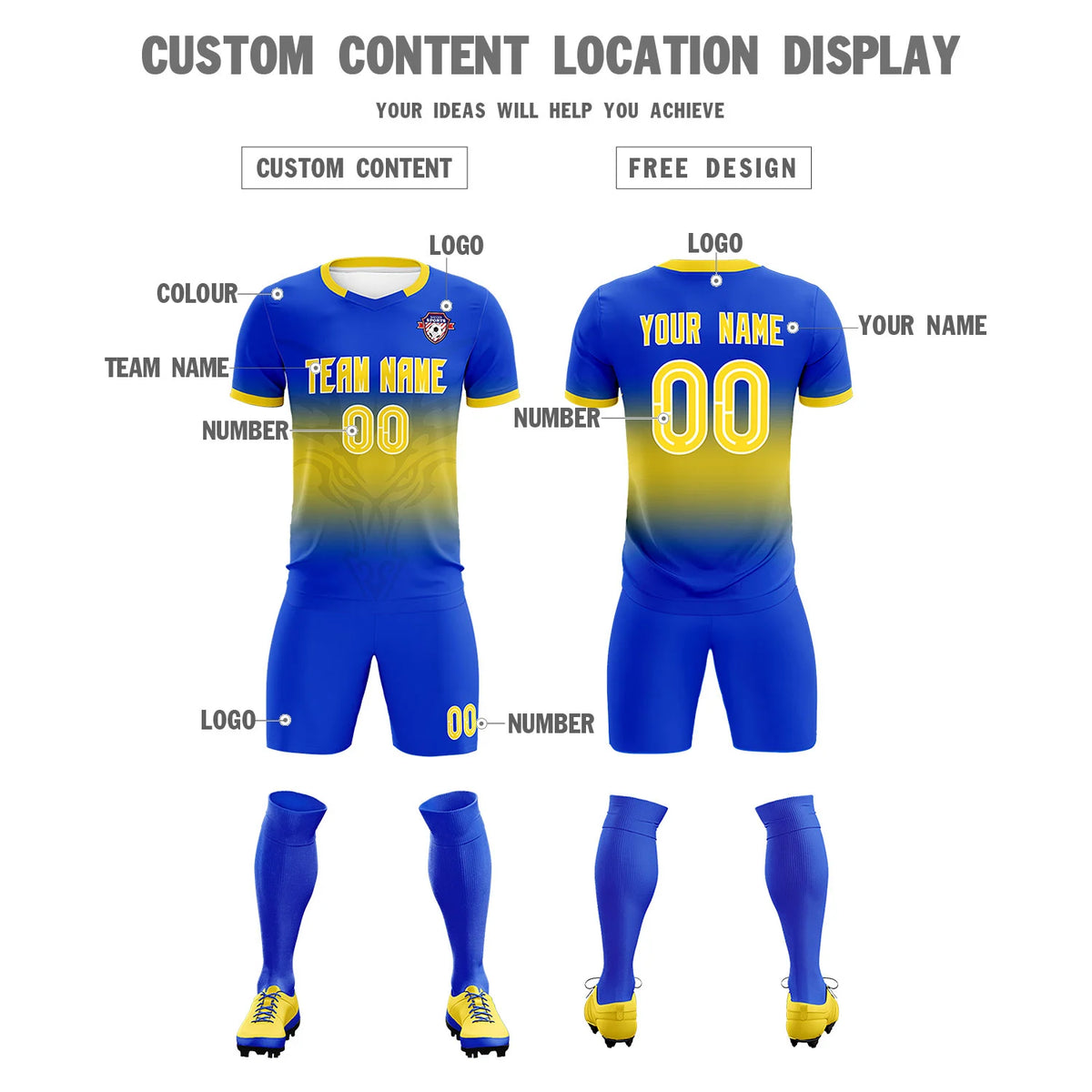 Custom Royal Blue Yellow Soft Training Uniform Soccer Sets Jersey