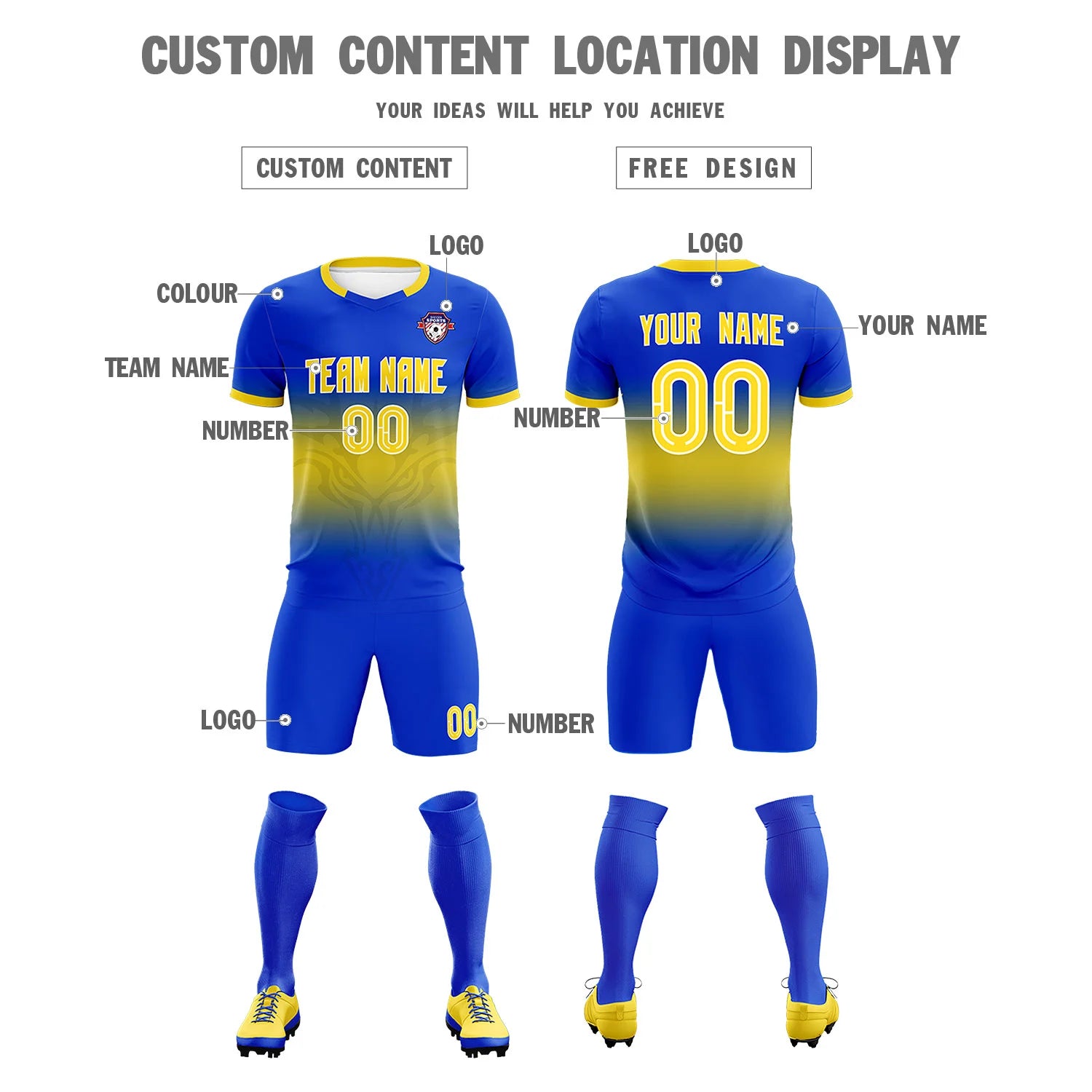 Custom Royal Blue Yellow Soft Training Uniform Soccer Sets Jersey