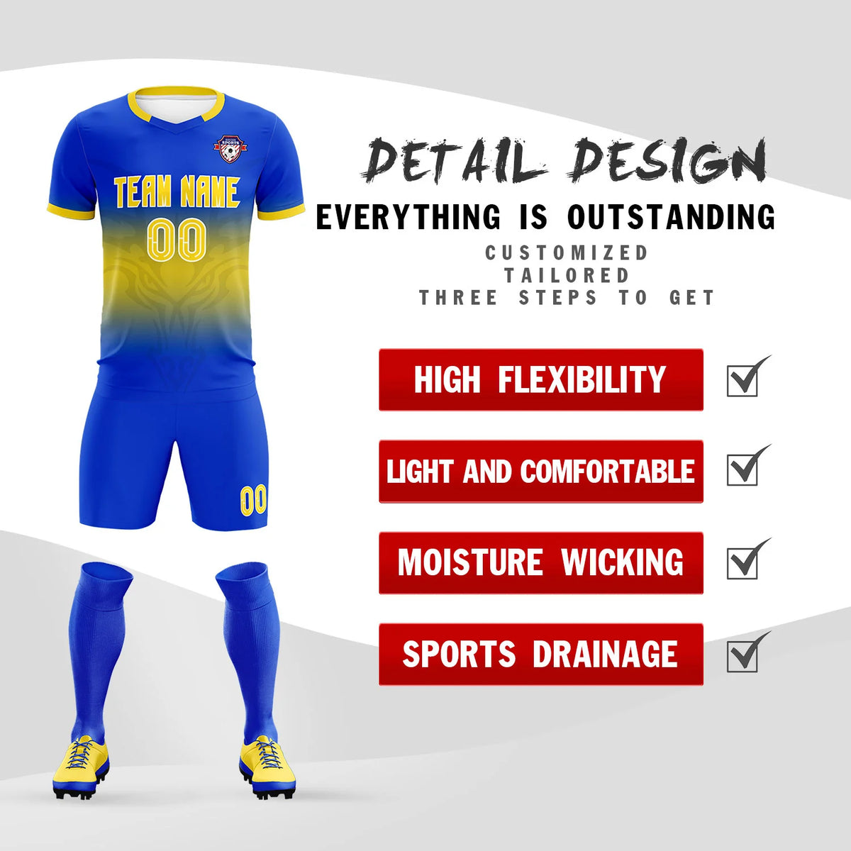 Custom Royal Blue Yellow Soft Training Uniform Soccer Sets Jersey