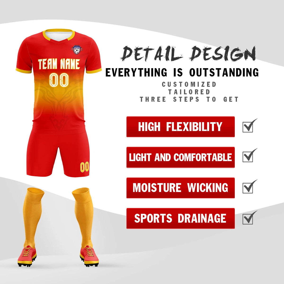 Custom Red Yellow Soft Training Uniform Soccer Sets Jersey