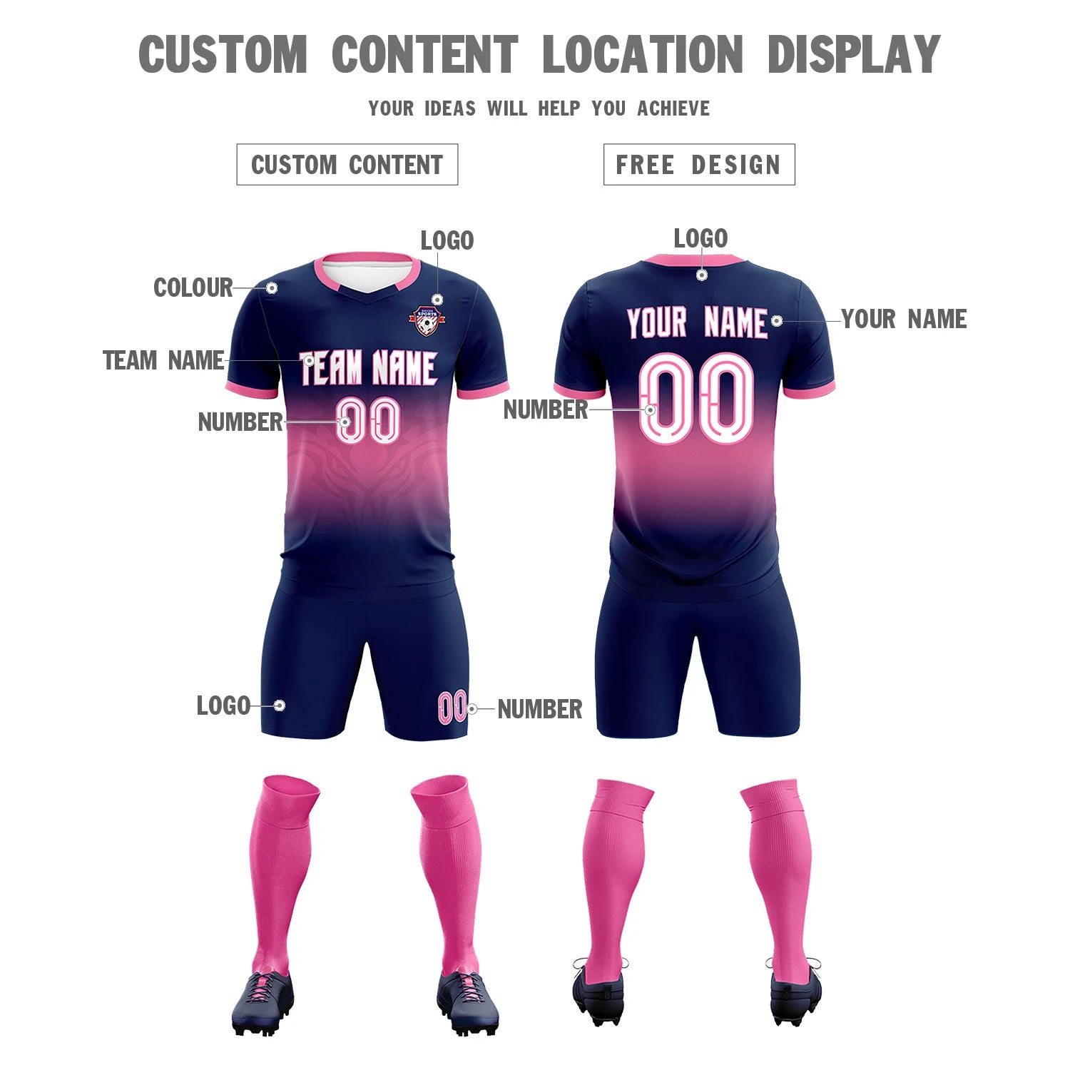 Custom Navy Pink Soft Training Uniform Soccer Sets Jersey