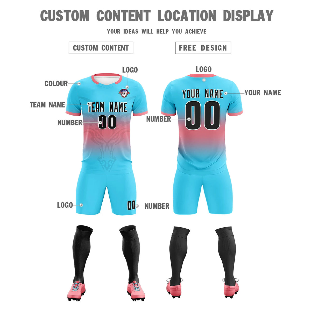 Custom Powder Blue Light Red Soft Training Uniform Soccer Sets Jersey