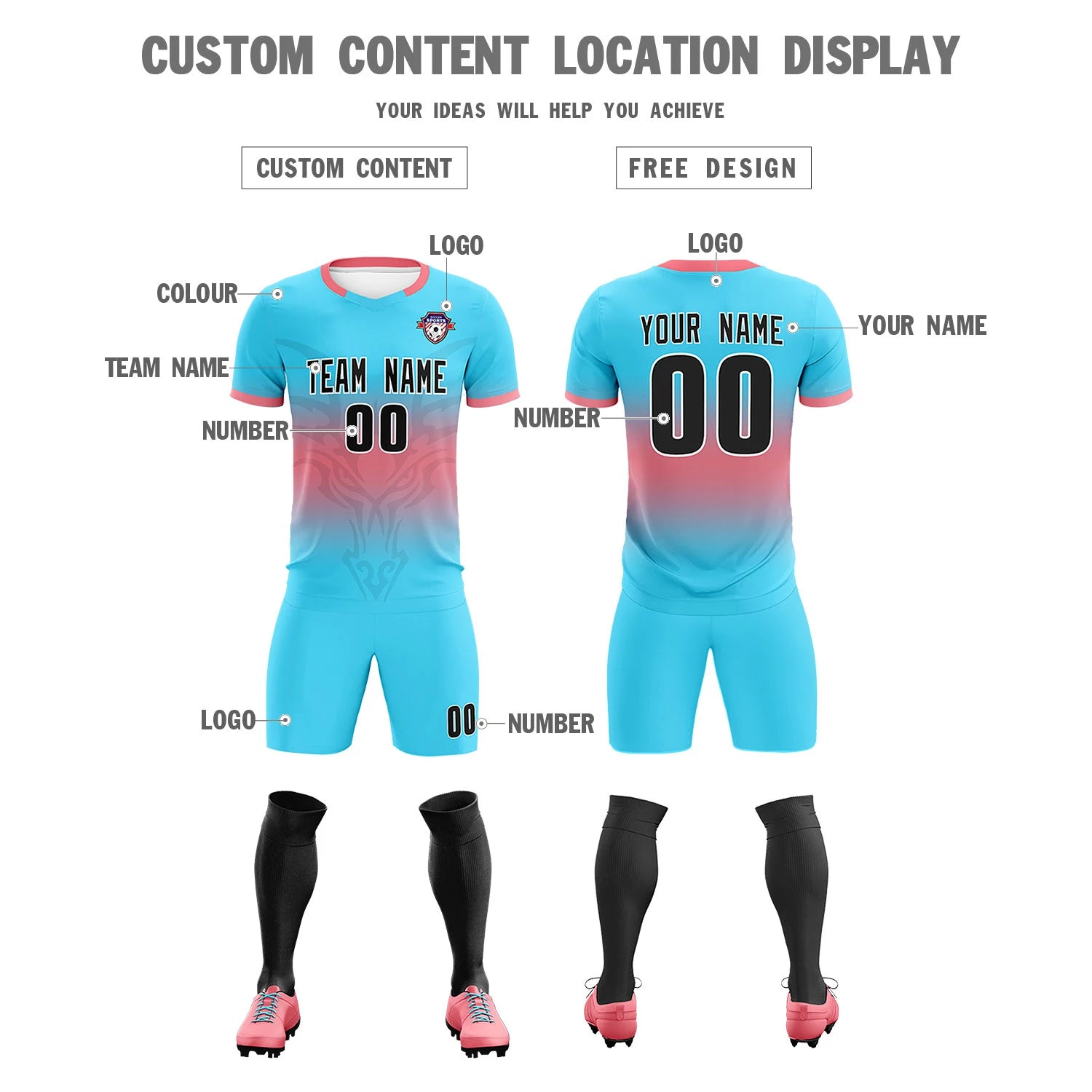 Custom Powder Blue Light Red Soft Training Uniform Soccer Sets Jersey