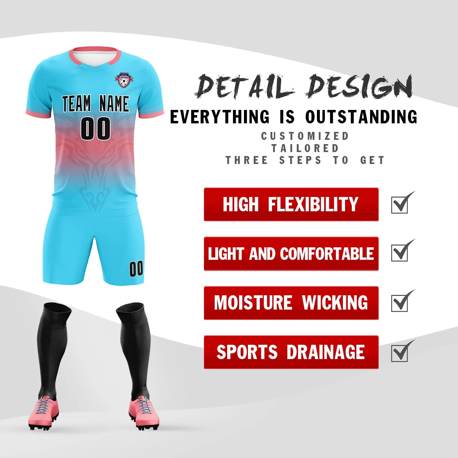 Custom Powder Blue Light Red Soft Training Uniform Soccer Sets Jersey