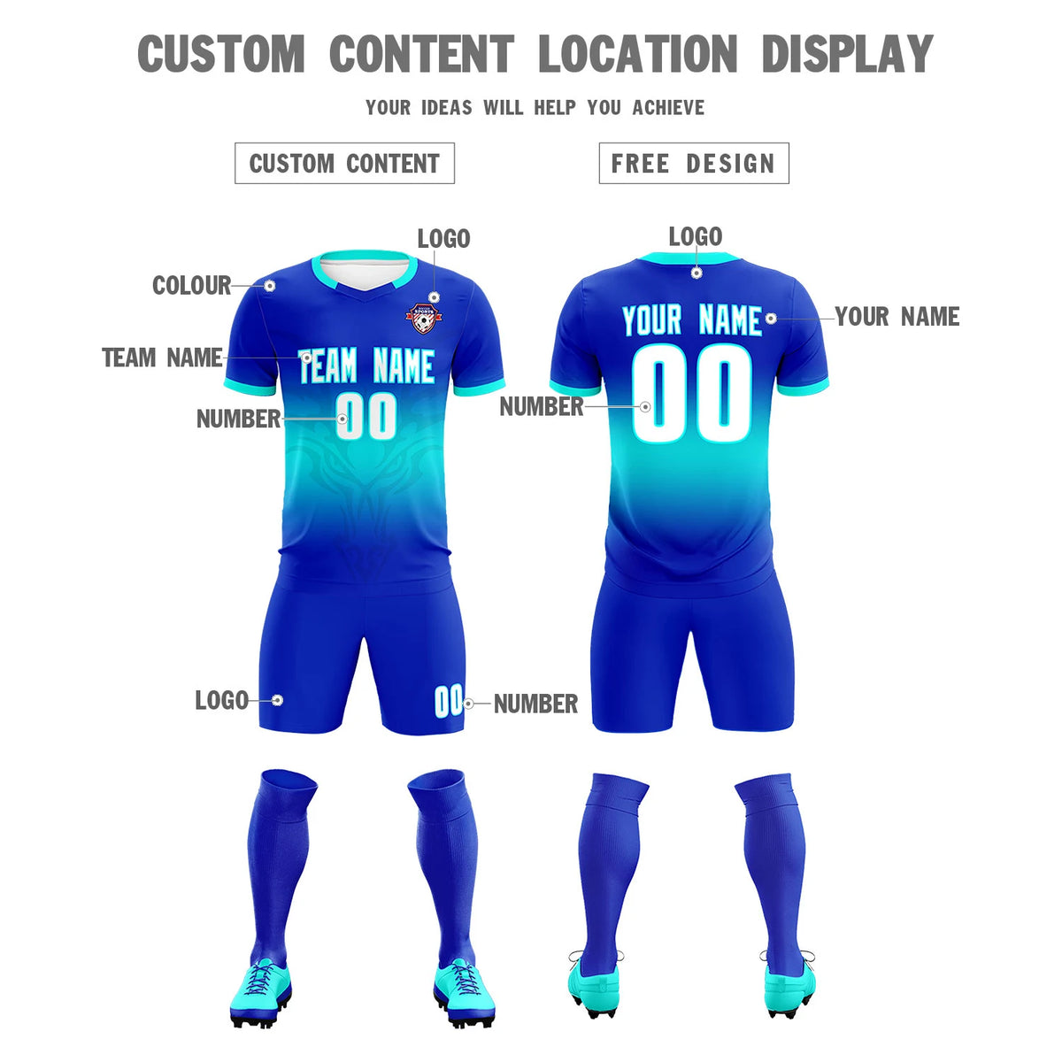 Custom Royal Blue Bright Green Soft Training Uniform Soccer Sets Jersey
