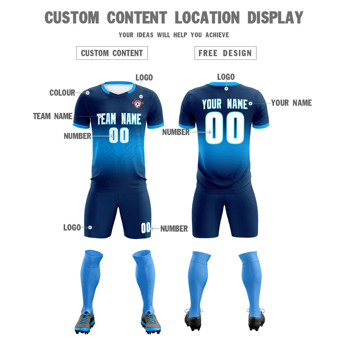 Custom Navy Powder Blue Soft Training Uniform Soccer Sets Jersey