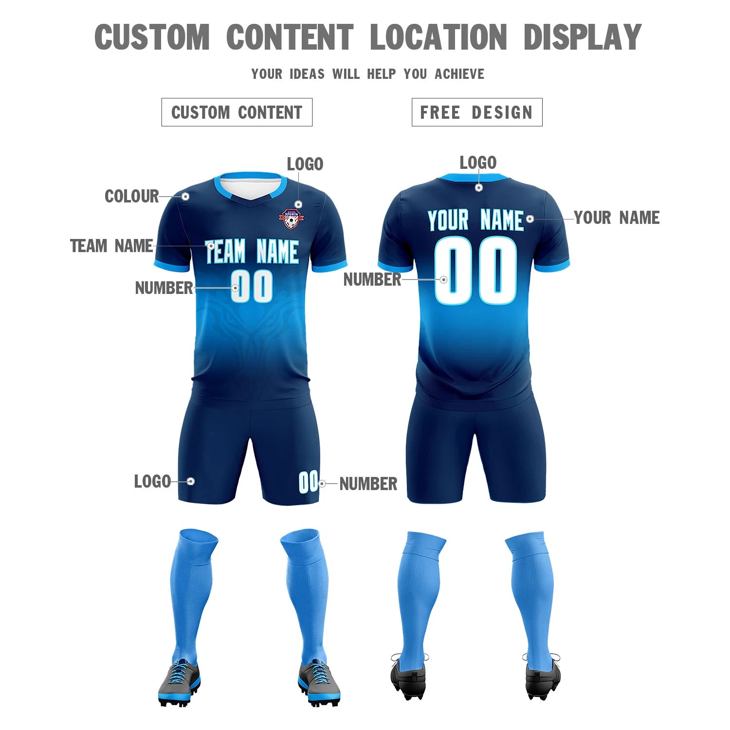 Custom Navy Powder Blue Soft Training Uniform Soccer Sets Jersey