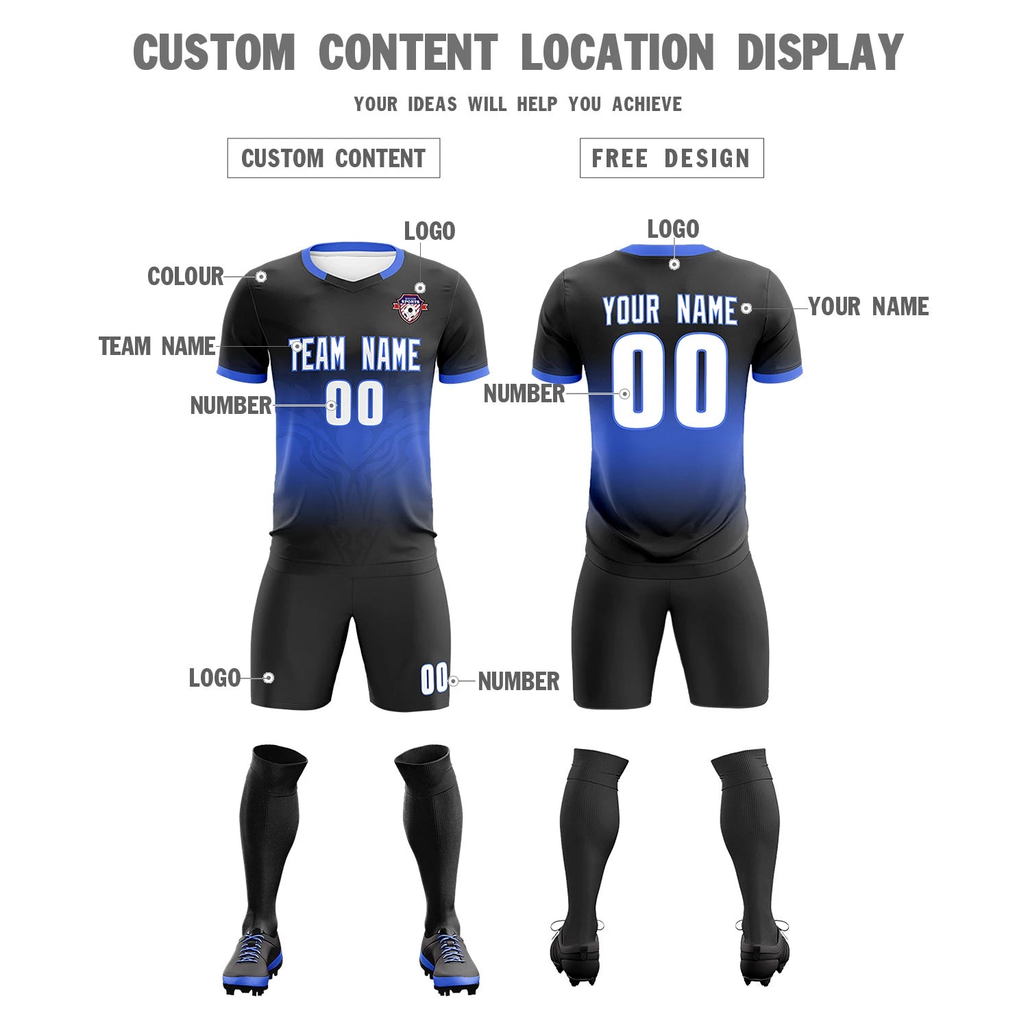 Custom Black Royal Blue Soft Training Uniform Soccer Sets Jersey