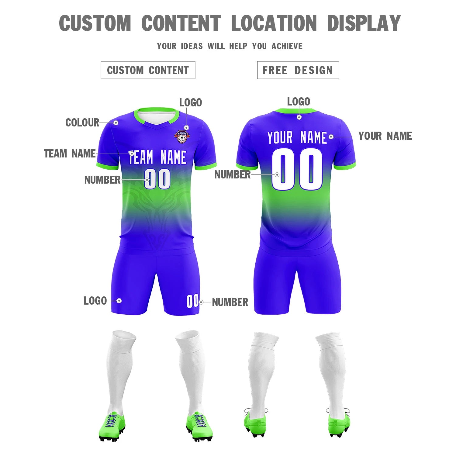 Custom Royal Blue Neon Green Soft Training Uniform Soccer Sets Jersey