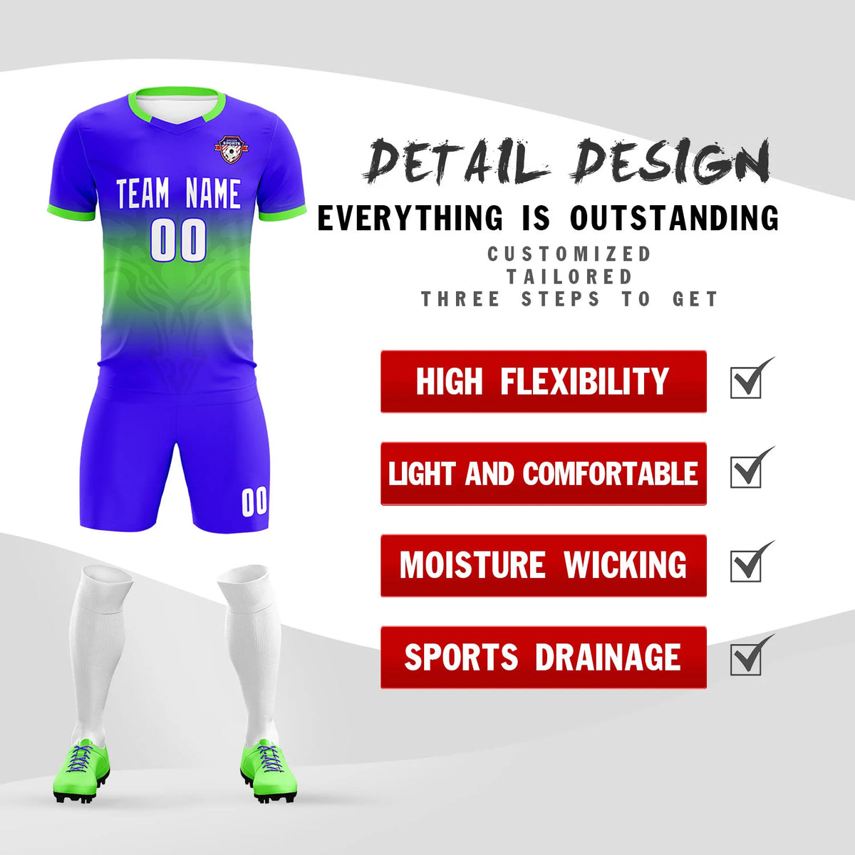 Custom Royal Blue Neon Green Soft Training Uniform Soccer Sets Jersey