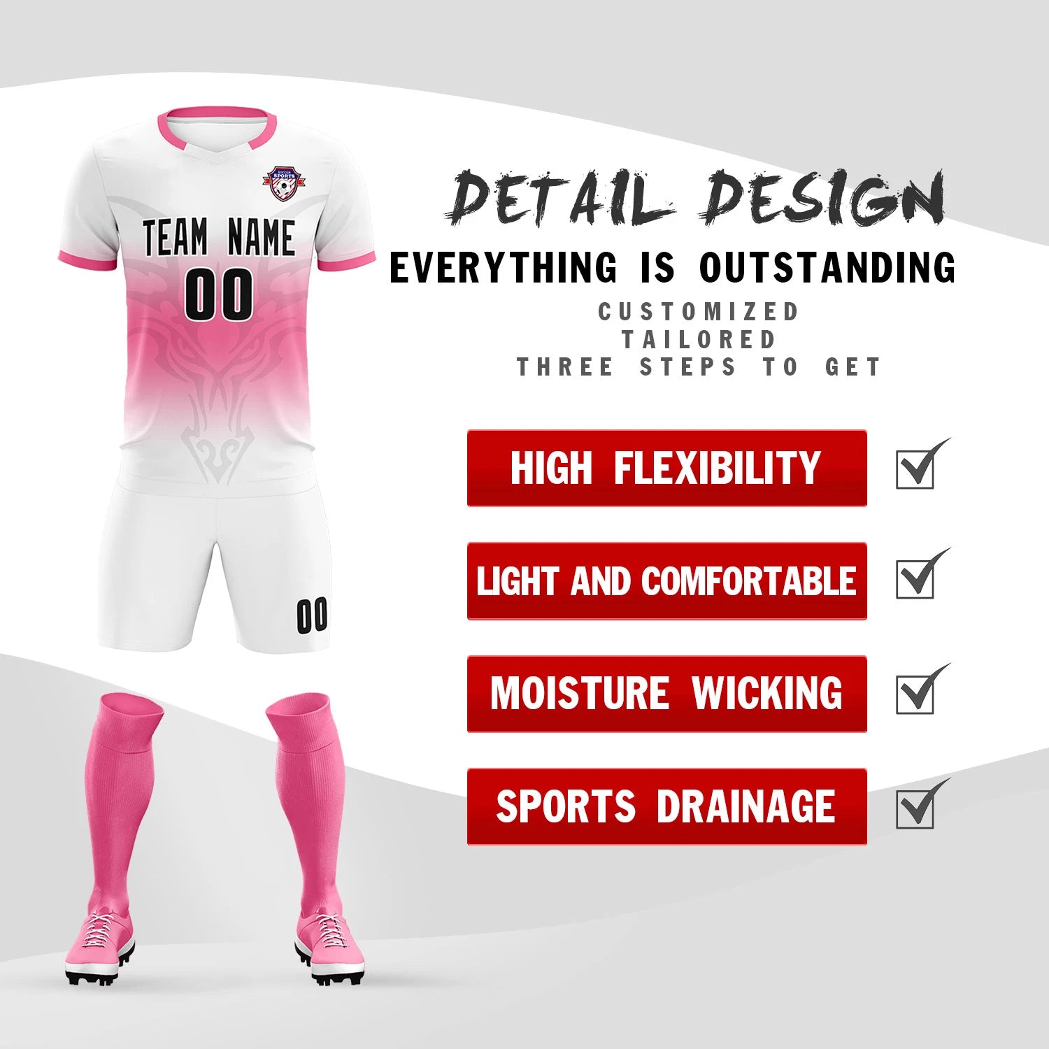 Custom White Pink Soft Training Uniform Soccer Sets Jersey