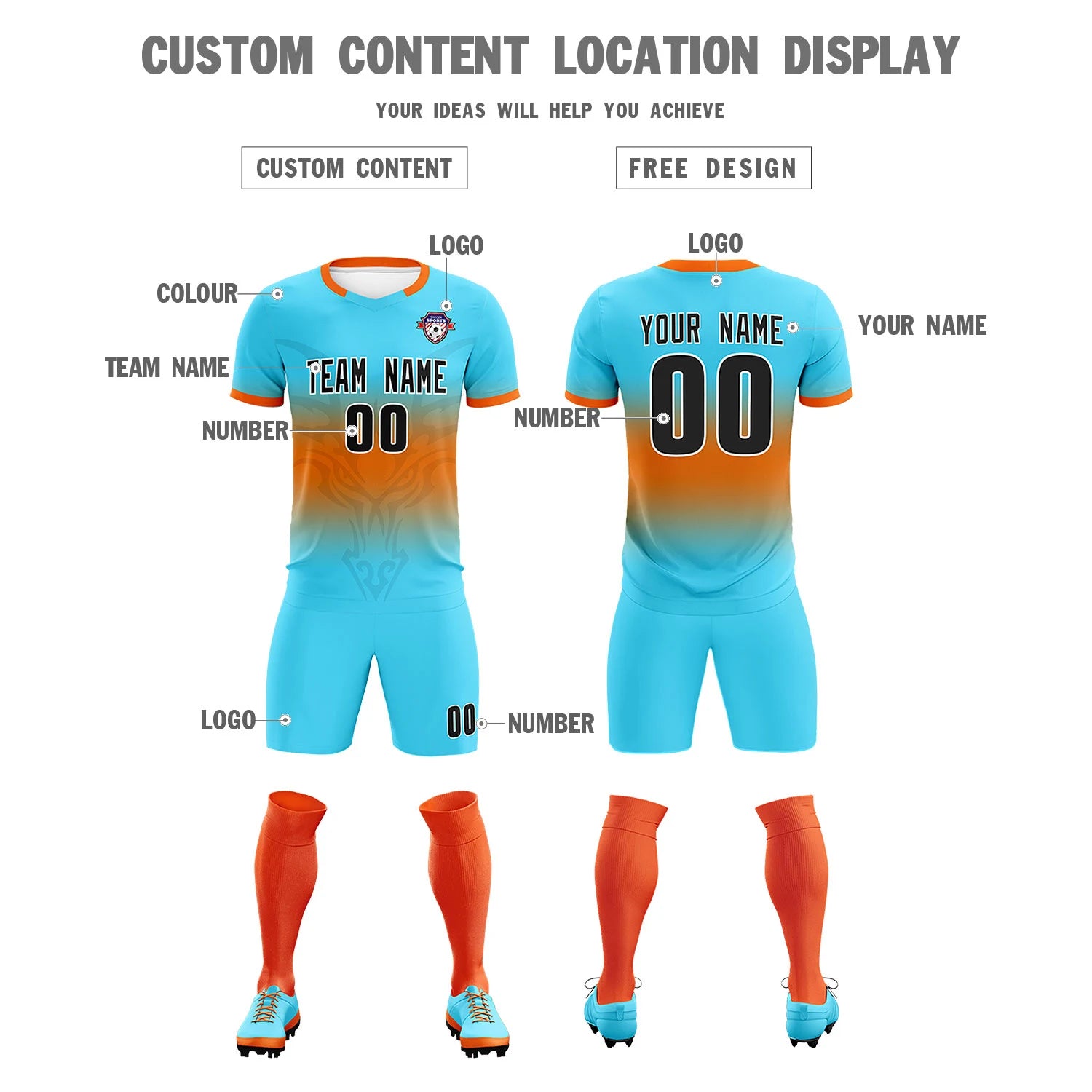 Custom Aqua Orange Soft Training Uniform Soccer Sets Jersey