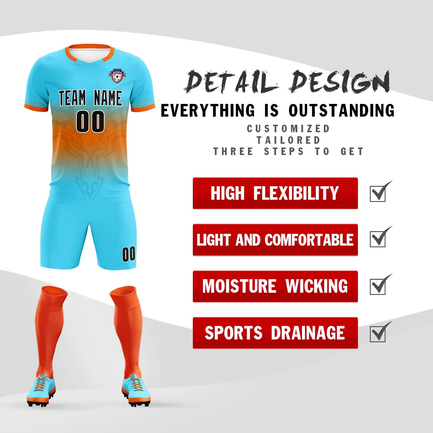 Custom Aqua Orange Soft Training Uniform Soccer Sets Jersey