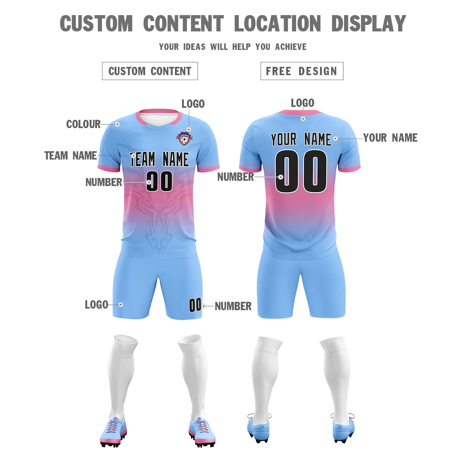 Custom Light Blue Pink Soft Training Uniform Soccer Sets Jersey