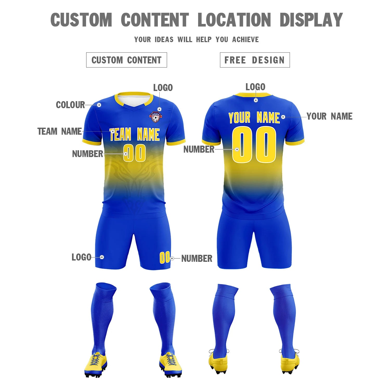 Custom Royal Blue Yellow Soft Training Uniform Soccer Sets Jersey