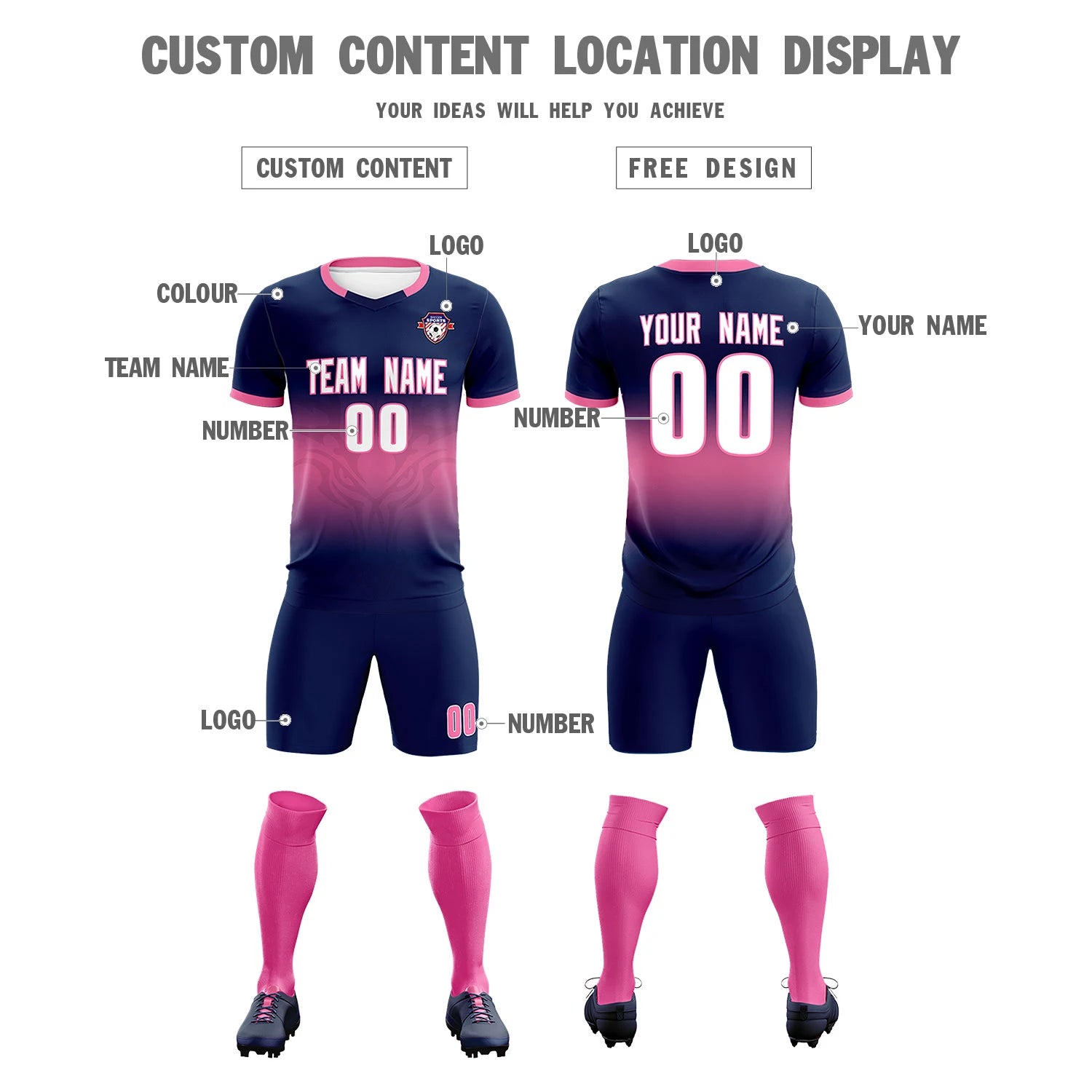 Custom Navy Pink Soft Training Uniform Soccer Sets Jersey