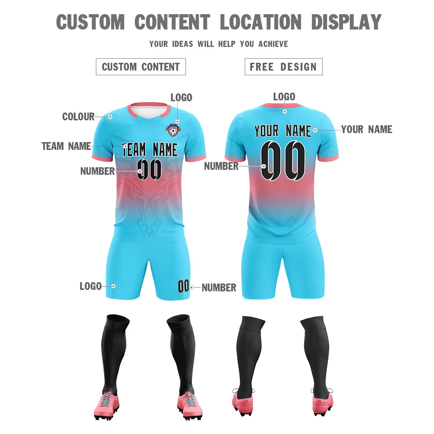 Custom Powder Blue Light Red Soft Training Uniform Soccer Sets Jersey