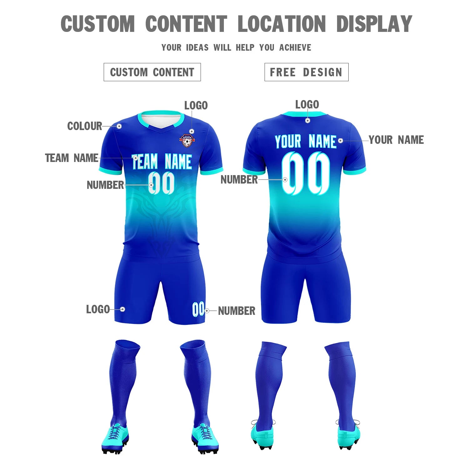 Custom Royal Blue Bright Green Soft Training Uniform Soccer Sets Jersey