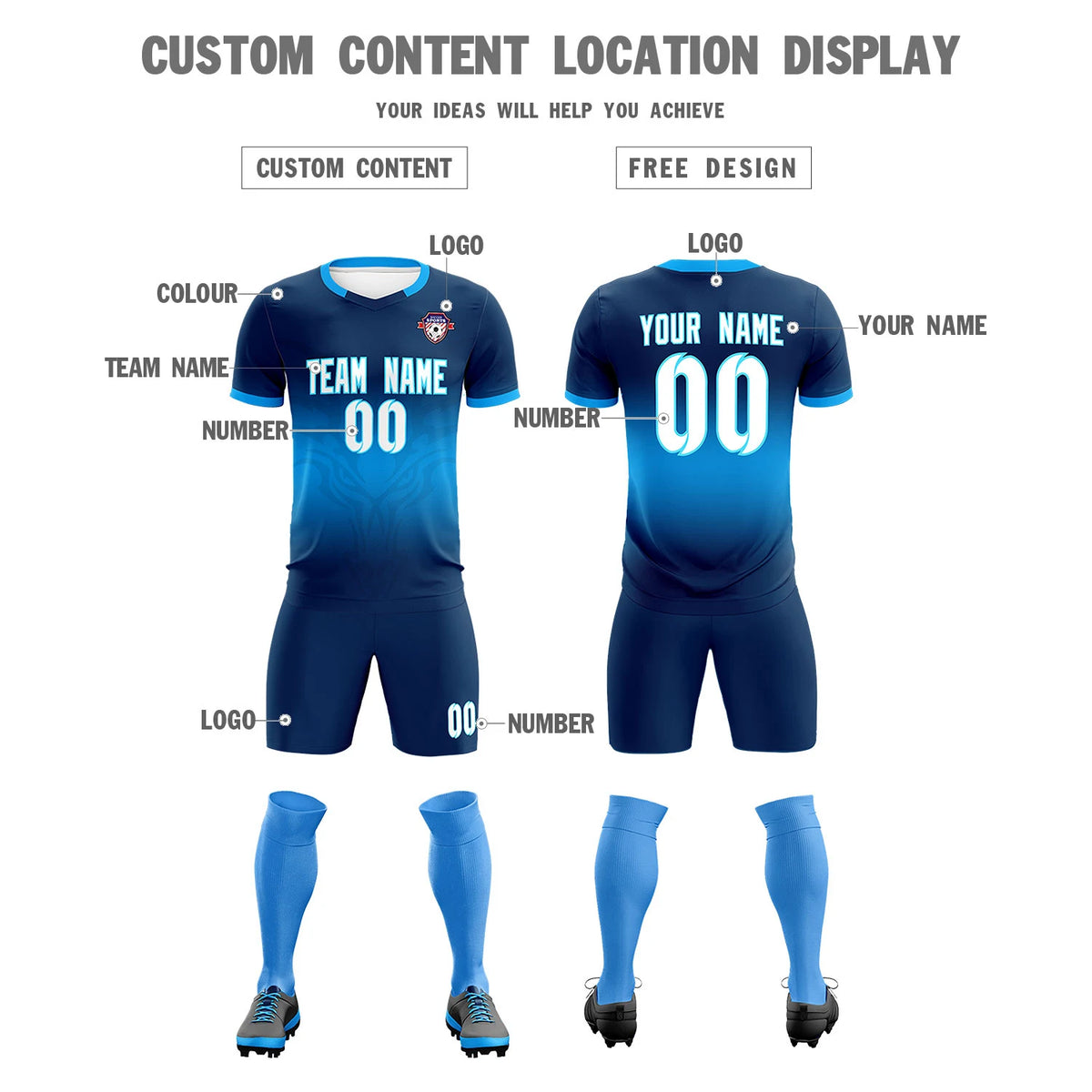 Custom Navy Powder Blue Soft Training Uniform Soccer Sets Jersey