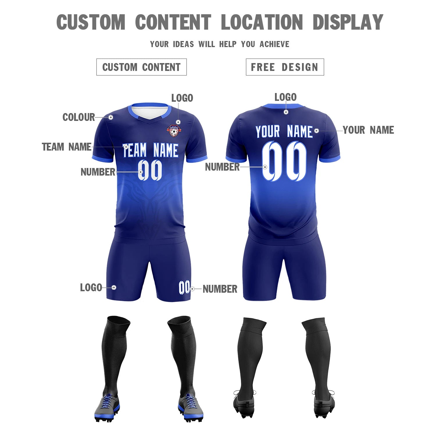 Custom Navy Royal Blue Soft Training Uniform Soccer Sets Jersey