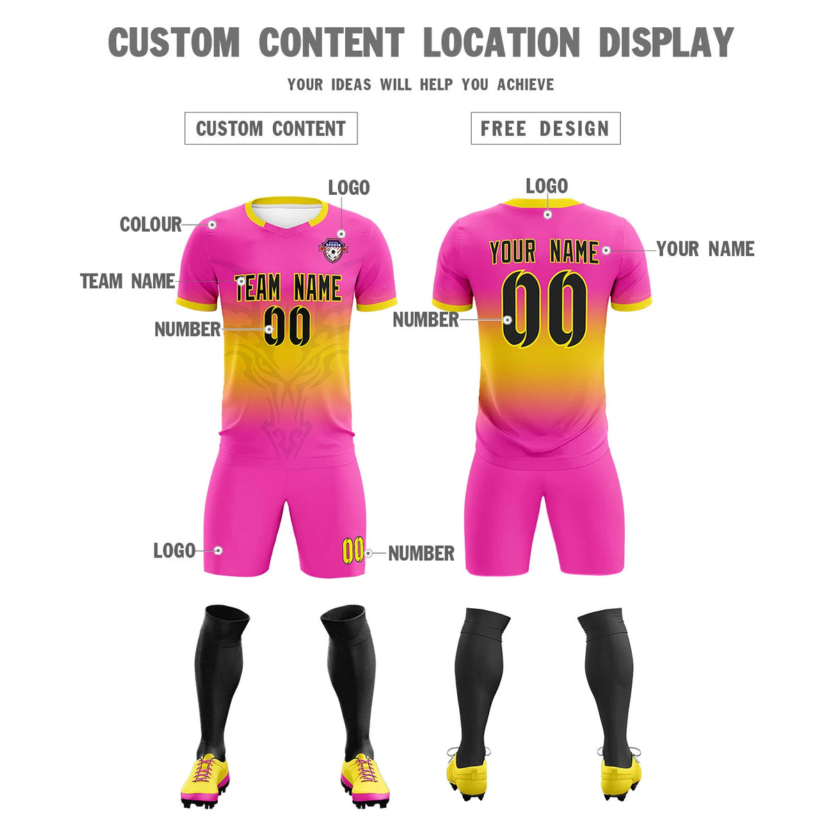 Custom Pink Yellow Soft Training Uniform Soccer Sets Jersey