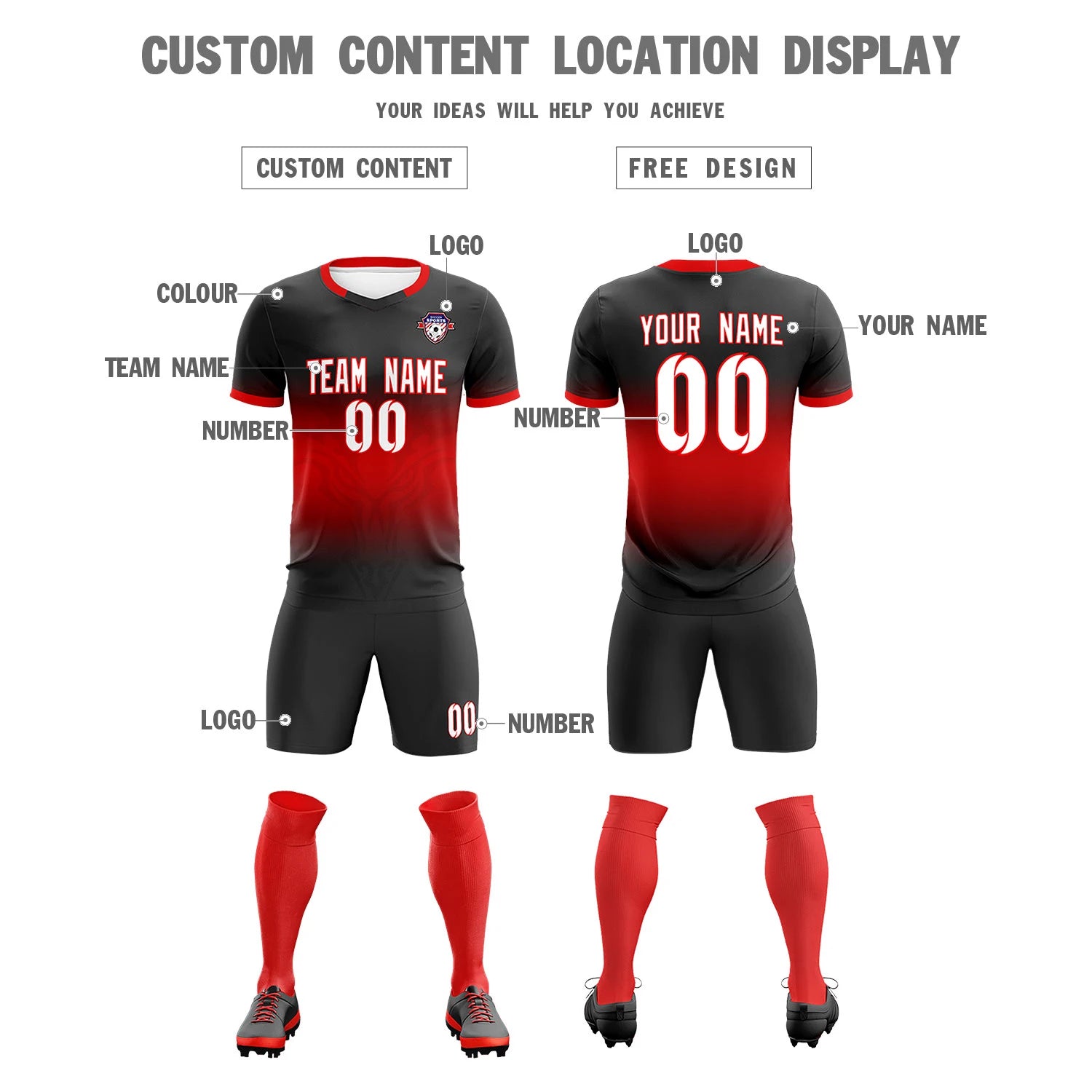 Custom Black Red Soft Training Uniform Soccer Sets Jersey