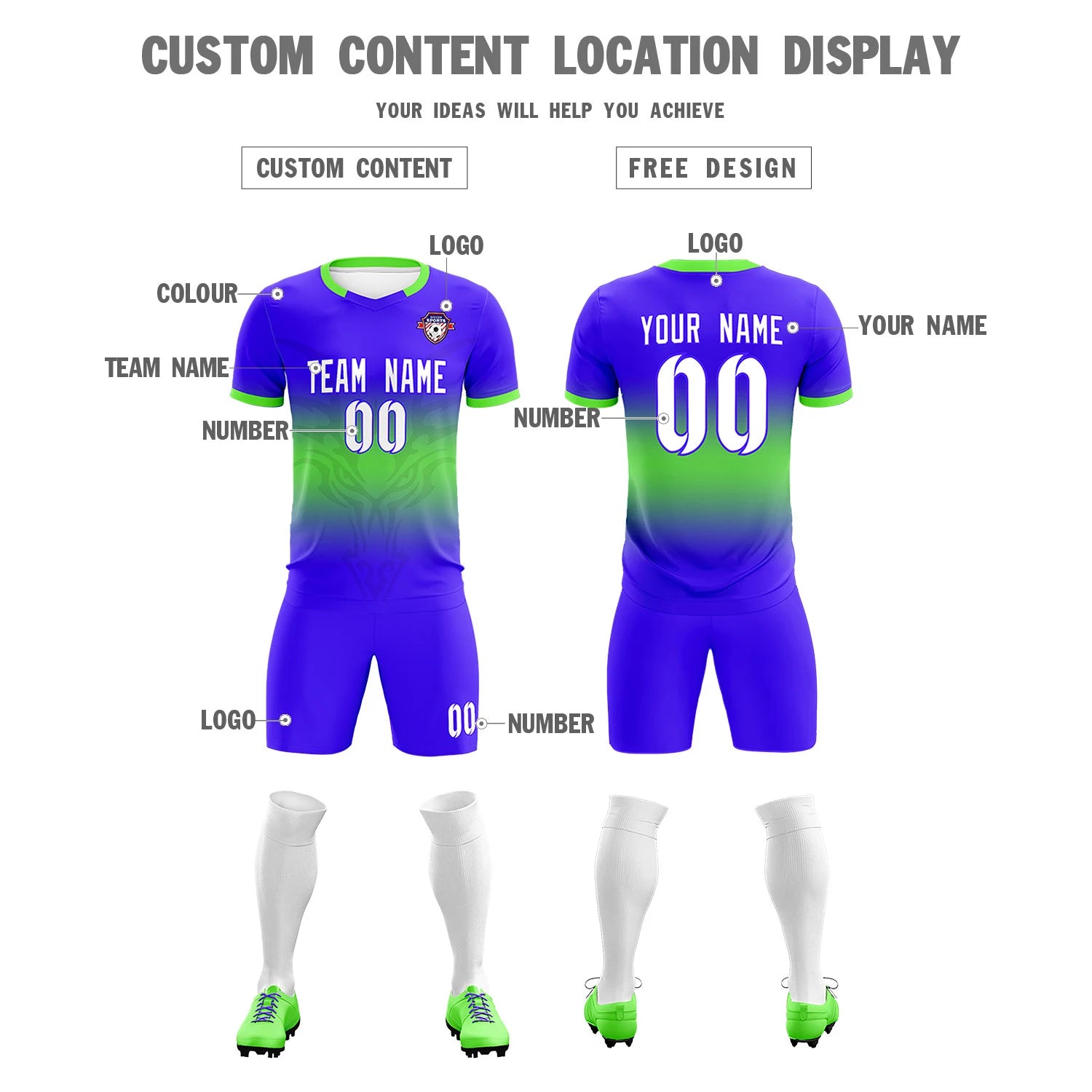 Custom Royal Blue Neon Green Soft Training Uniform Soccer Sets Jersey