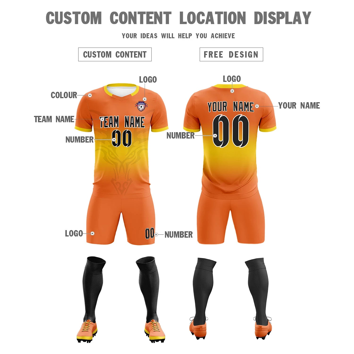 Custom Orange Yellow Soft Training Uniform Soccer Sets Jersey
