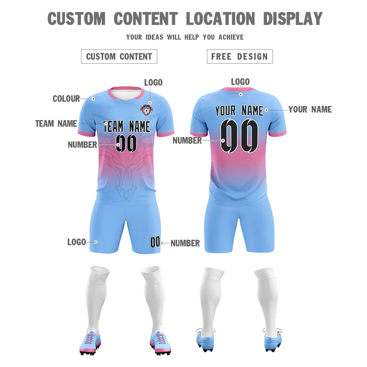 Custom Light Blue Pink Soft Training Uniform Soccer Sets Jersey