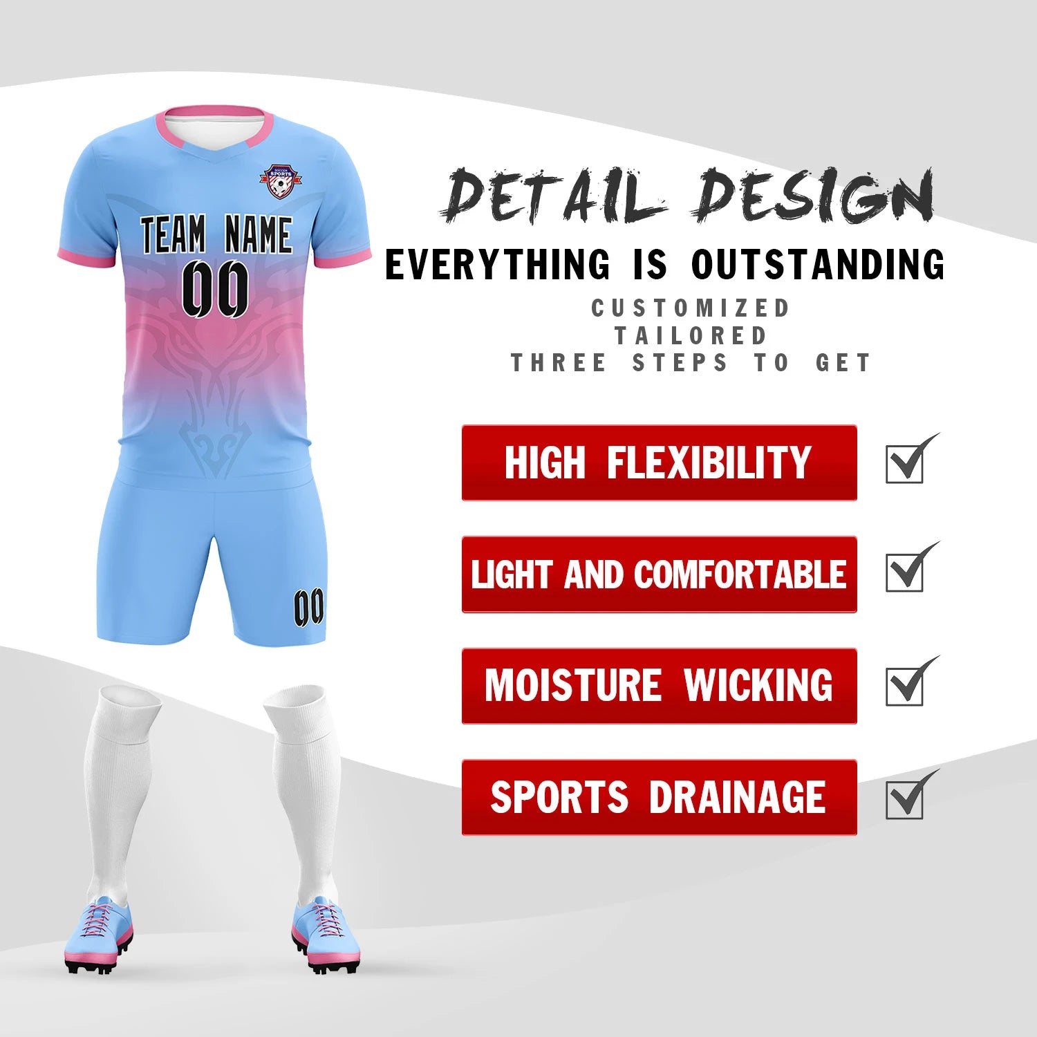 Custom Light Blue Pink Soft Training Uniform Soccer Sets Jersey