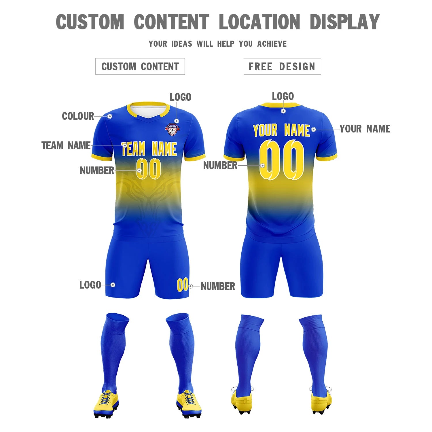Custom Royal Blue Yellow Soft Training Uniform Soccer Sets Jersey