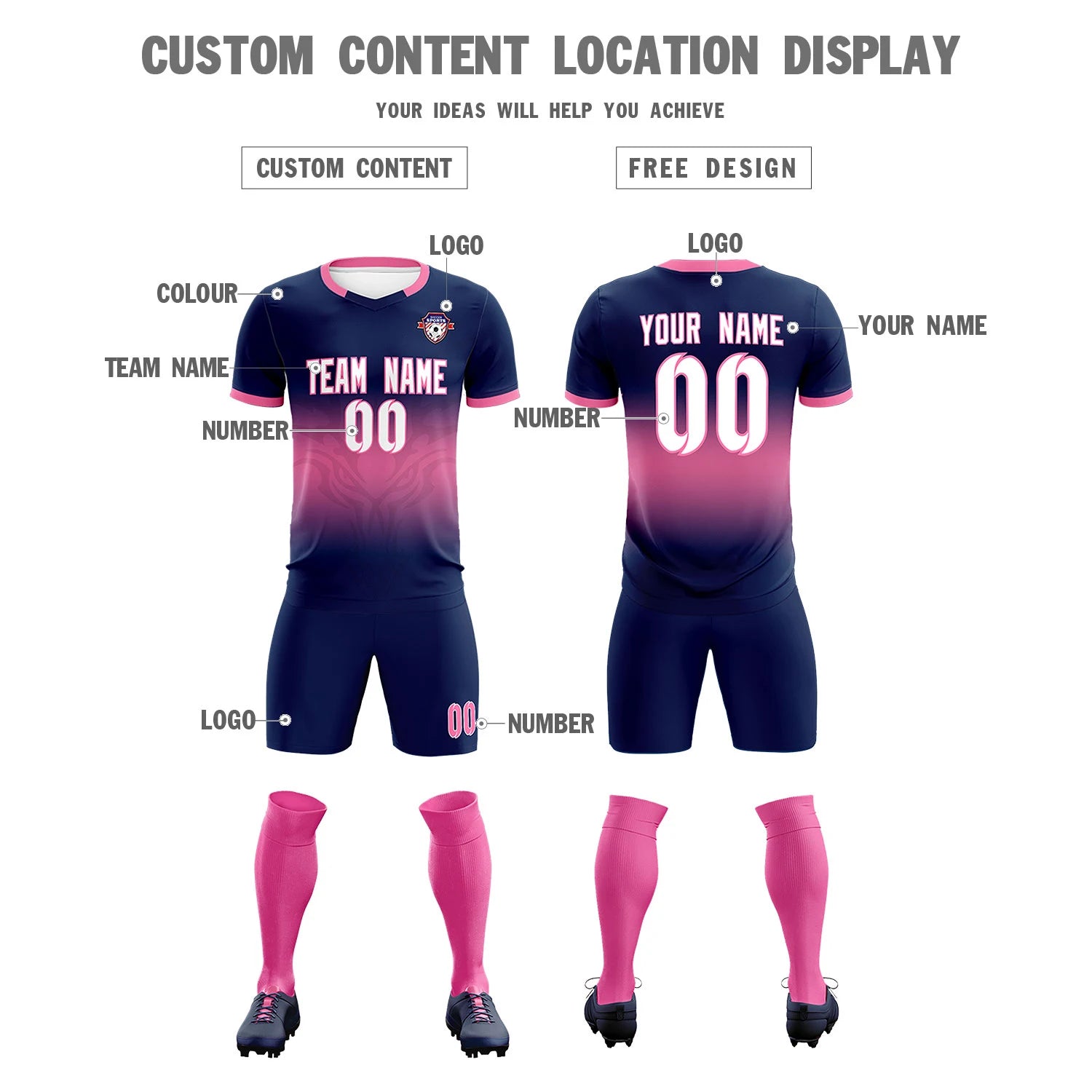 Custom Navy Pink Soft Training Uniform Soccer Sets Jersey