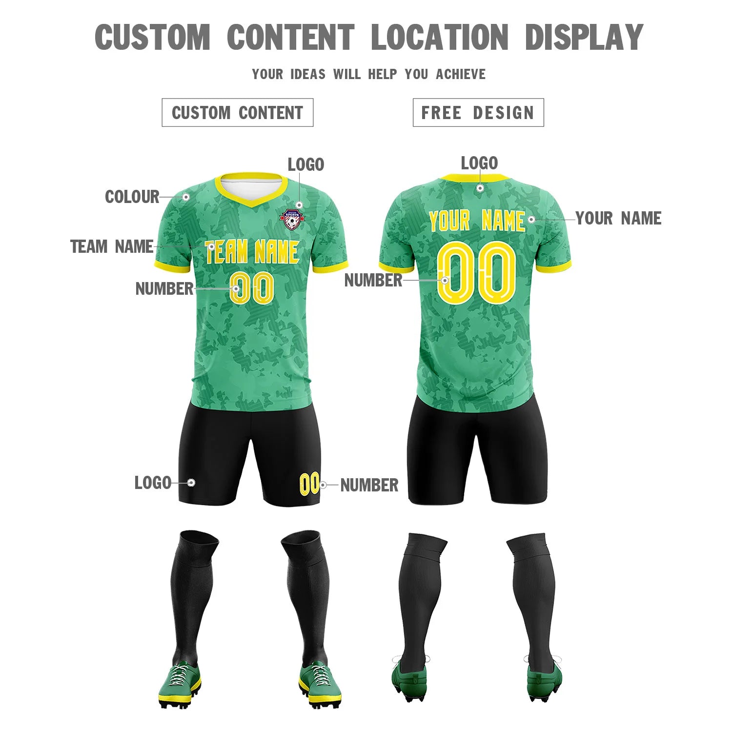 Custom Bright Green-Black Printing Outdoor Breathable Soccer Sets Jersey