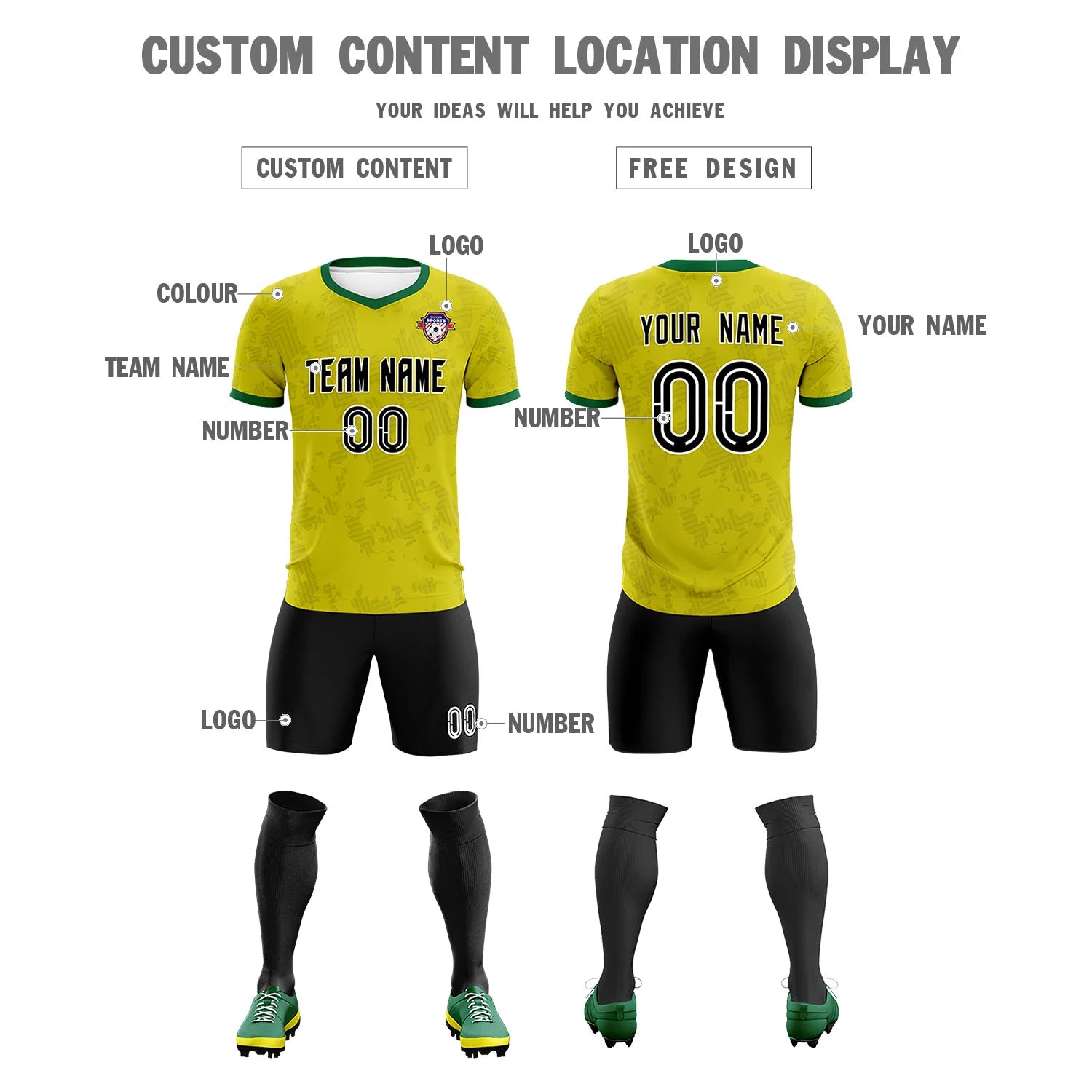 Custom Lemon Yellow-Black Printing Outdoor Breathable Soccer Sets Jersey