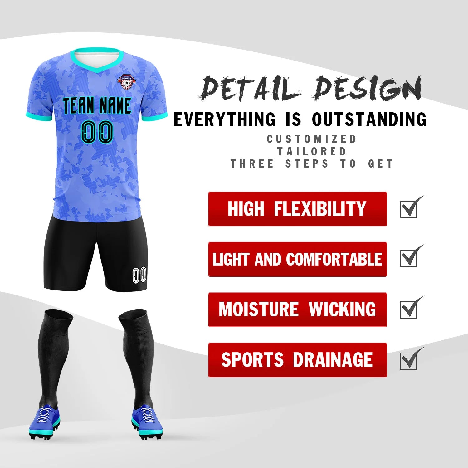 Custom Blue-Black Printing Outdoor Breathable Soccer Sets Jersey