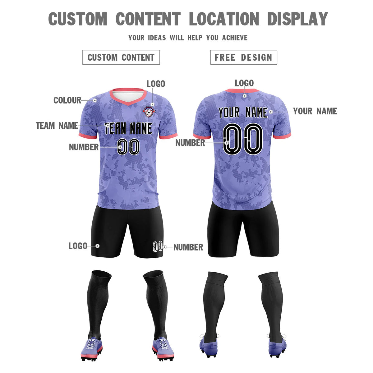 Custom Light Purple-Black Printing Outdoor Breathable Soccer Sets Jersey