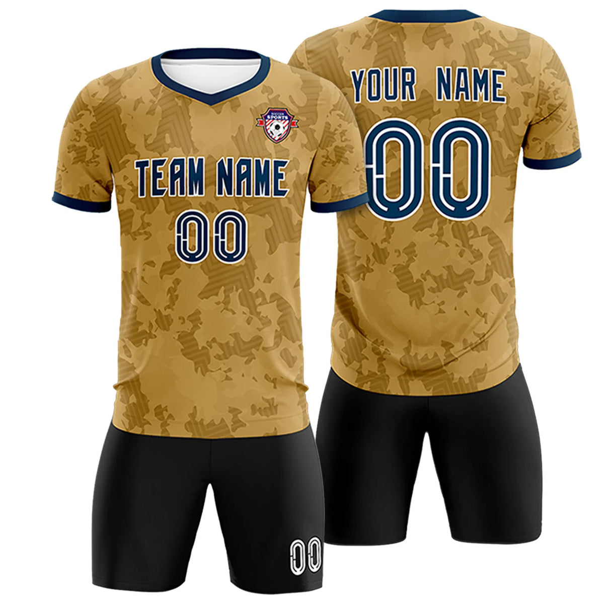 Custom Old Gold-Black Printing Outdoor Breathable Soccer Sets Jersey