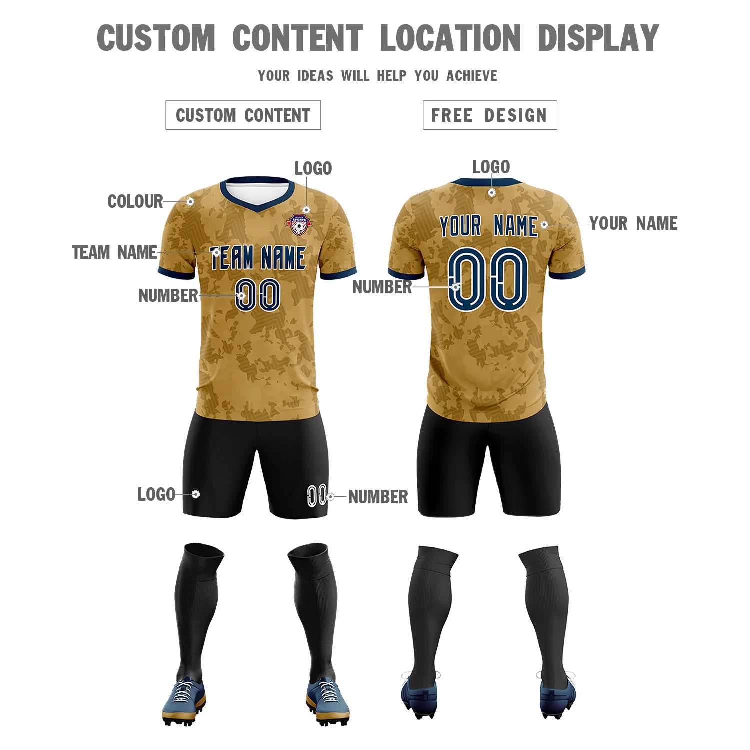 Custom Old Gold-Black Printing Outdoor Breathable Soccer Sets Jersey
