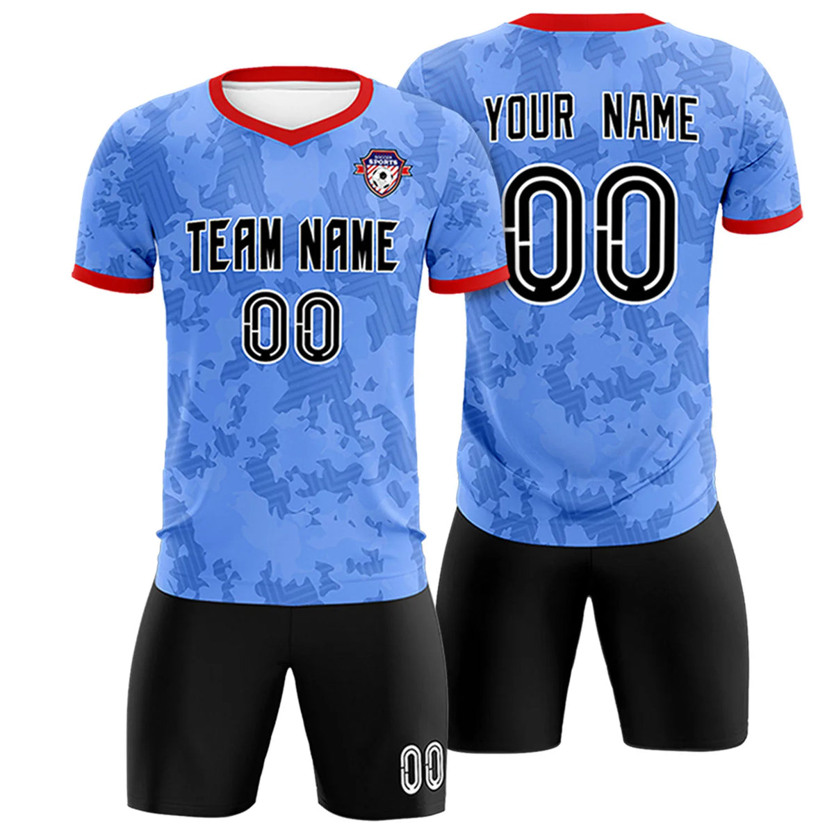 Custom Powder Blue-Black Printing Outdoor Breathable Soccer Sets Jersey