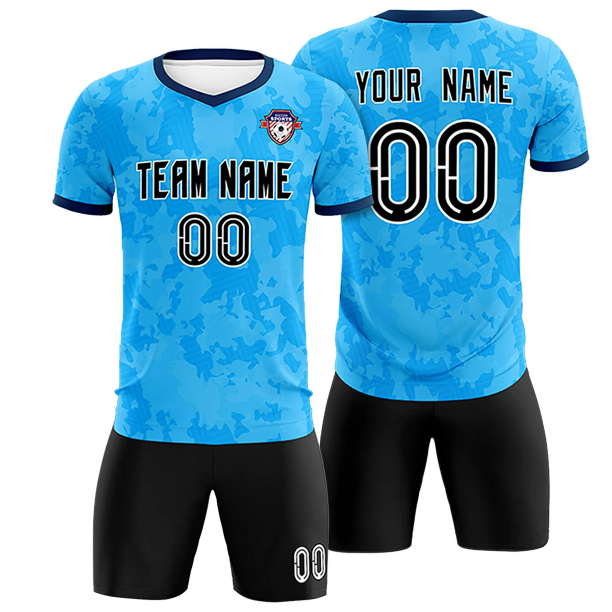 Custom Sky Blue-Black Printing Outdoor Breathable Soccer Sets Jersey