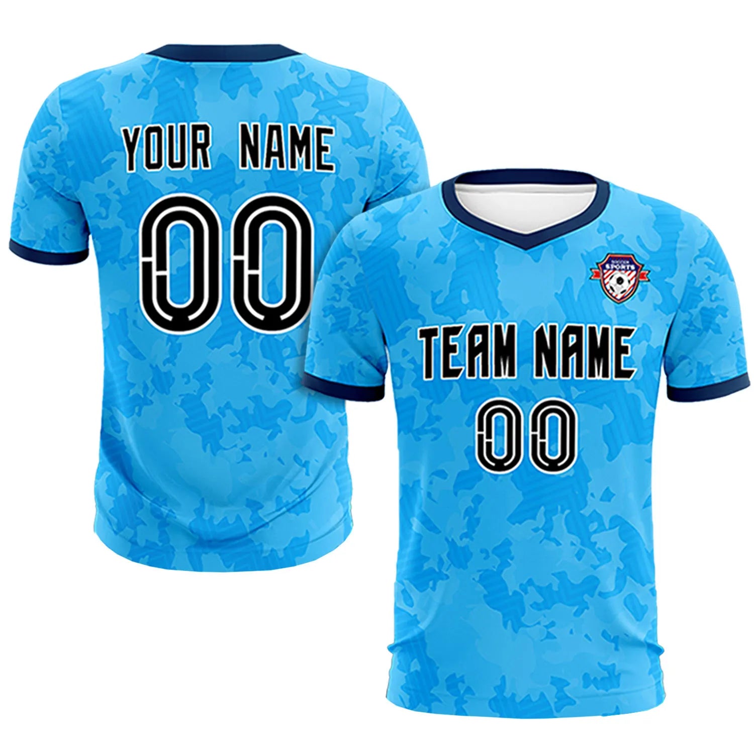 Custom Sky Blue-Black Printing Outdoor Breathable Soccer Sets Jersey
