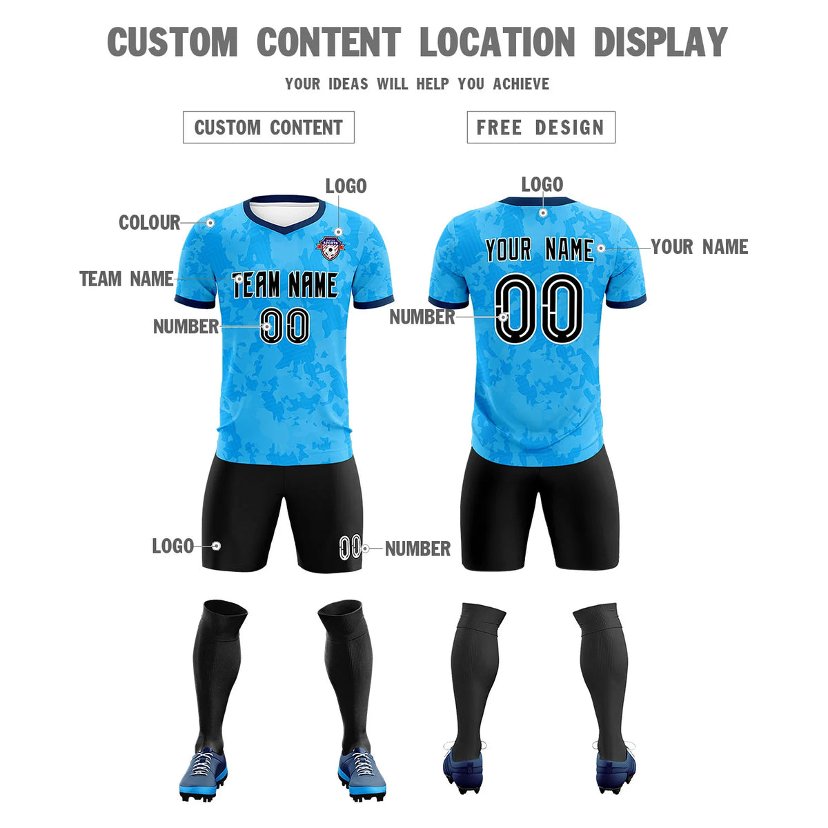 Custom Sky Blue-Black Printing Outdoor Breathable Soccer Sets Jersey