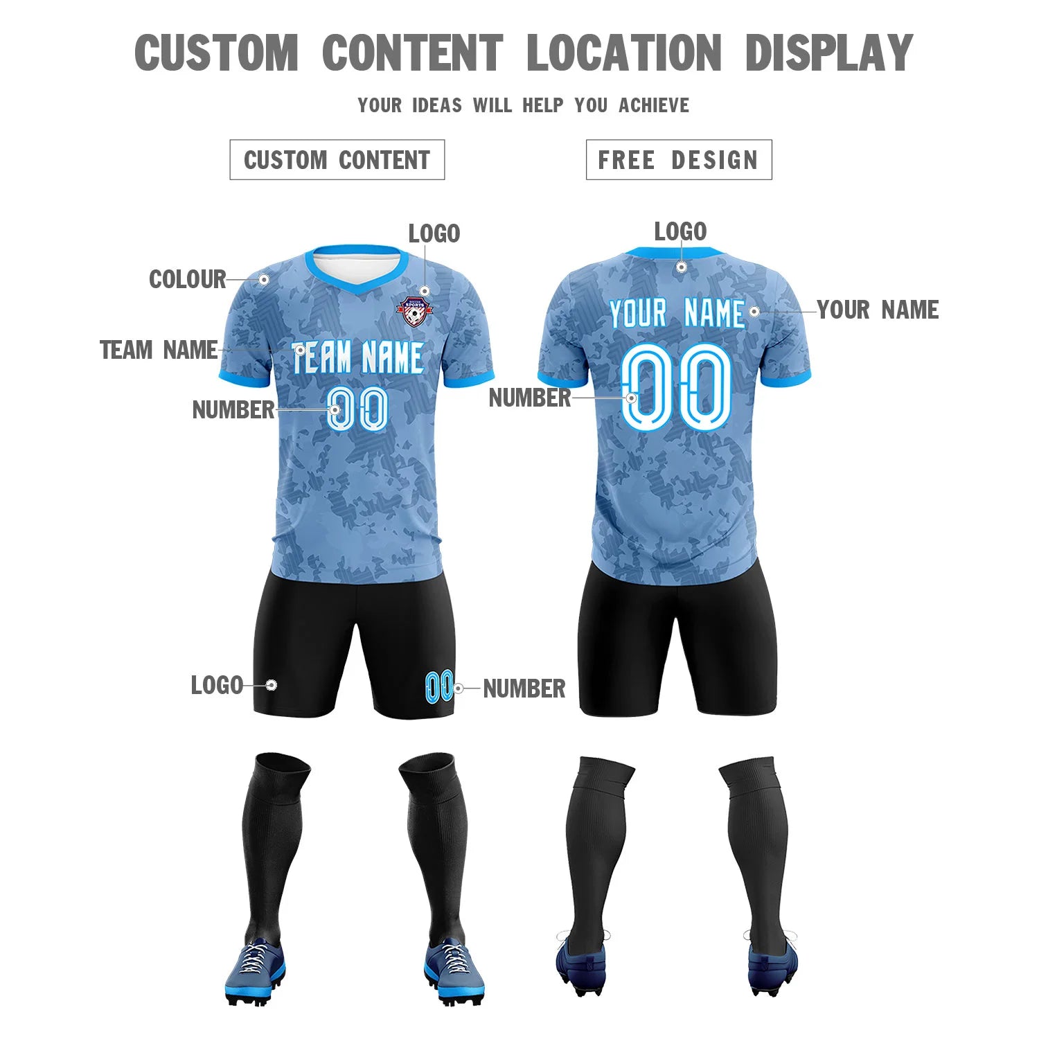 Custom Blue-Black Printing Outdoor Breathable Soccer Sets Jersey