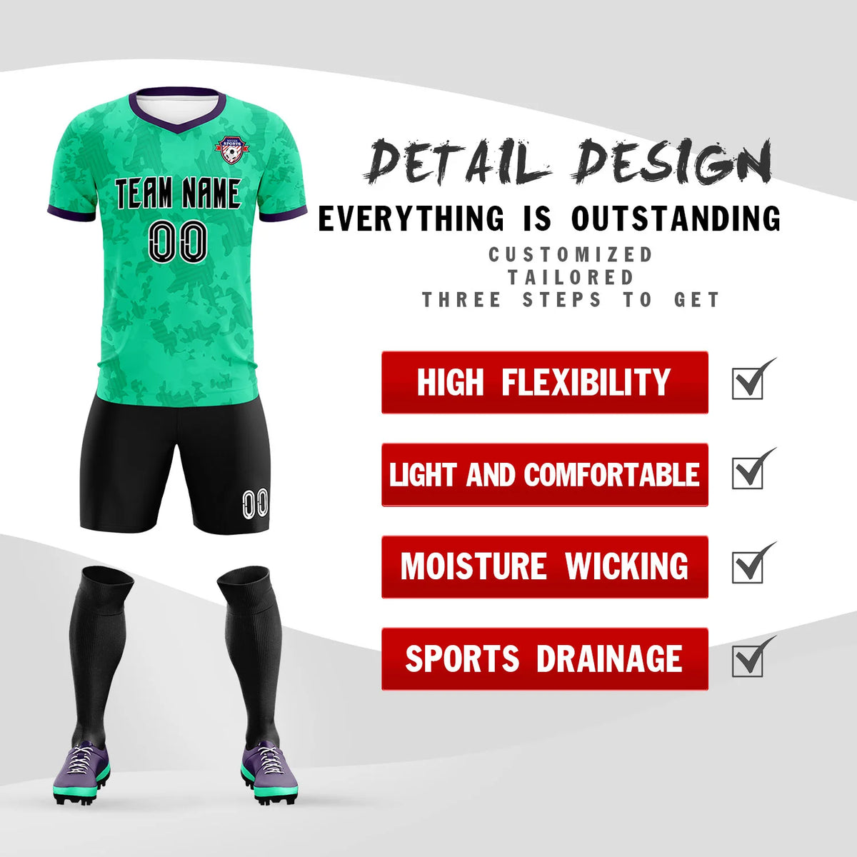 Custom Green-Black Printing Outdoor Breathable Soccer Sets Jersey