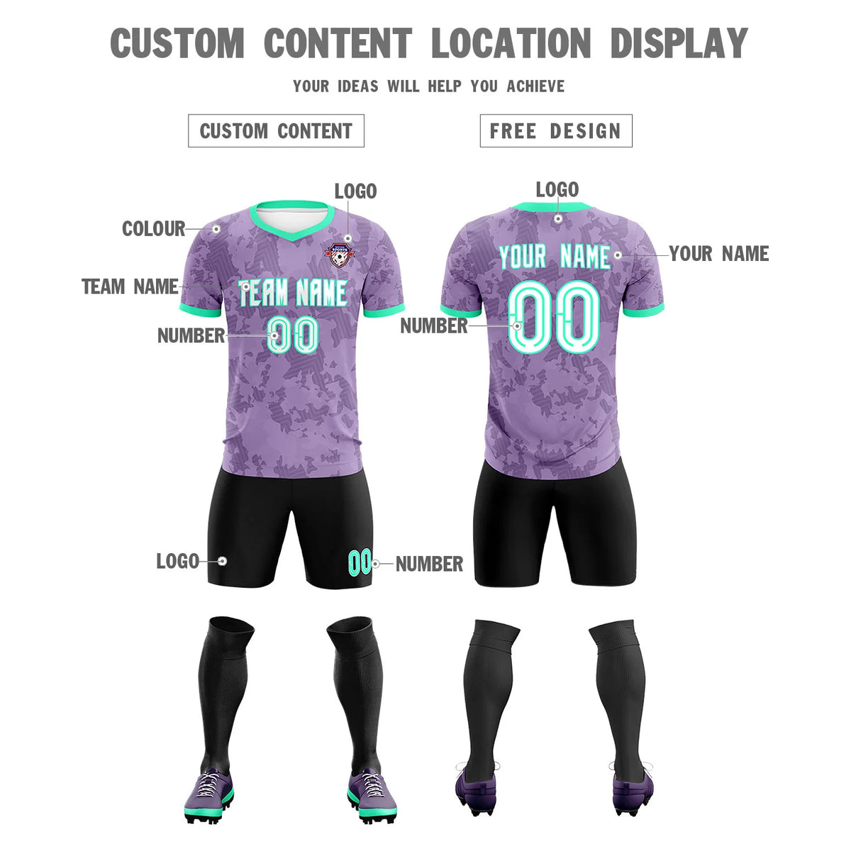 Custom Light Purple-Black Printing Outdoor Breathable Soccer Sets Jersey