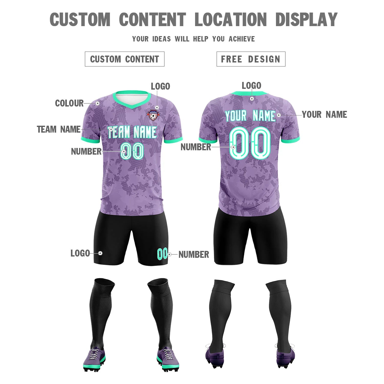 Custom Light Purple-Black Printing Outdoor Breathable Soccer Sets Jersey