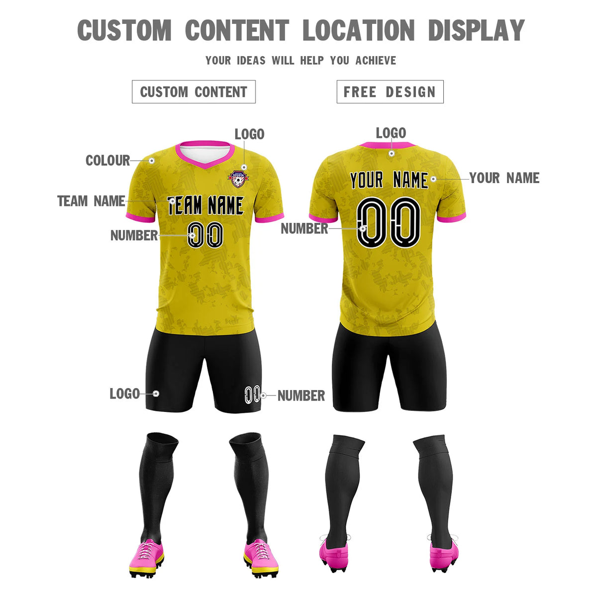 Custom Yellow-Black Printing Outdoor Breathable Soccer Sets Jersey