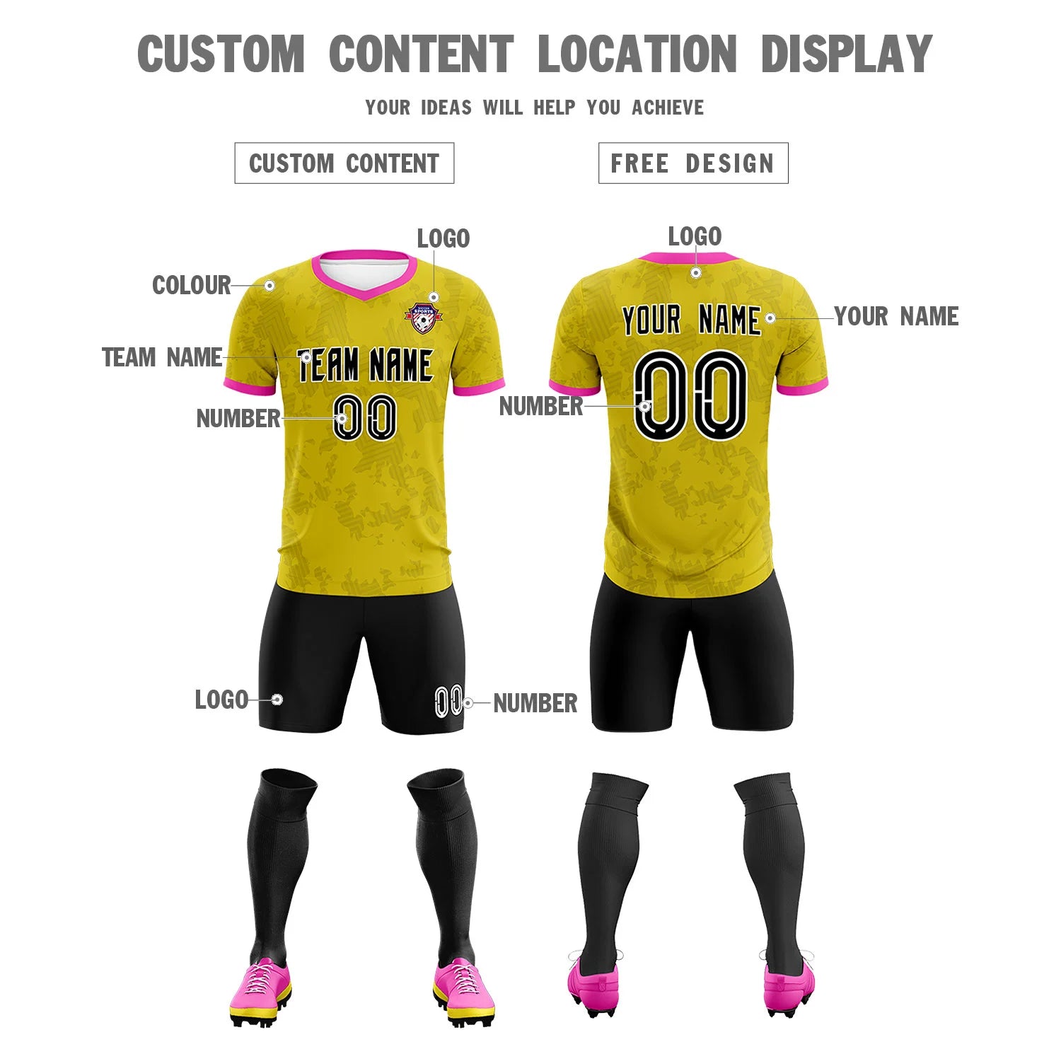 Custom Yellow-Black Printing Outdoor Breathable Soccer Sets Jersey