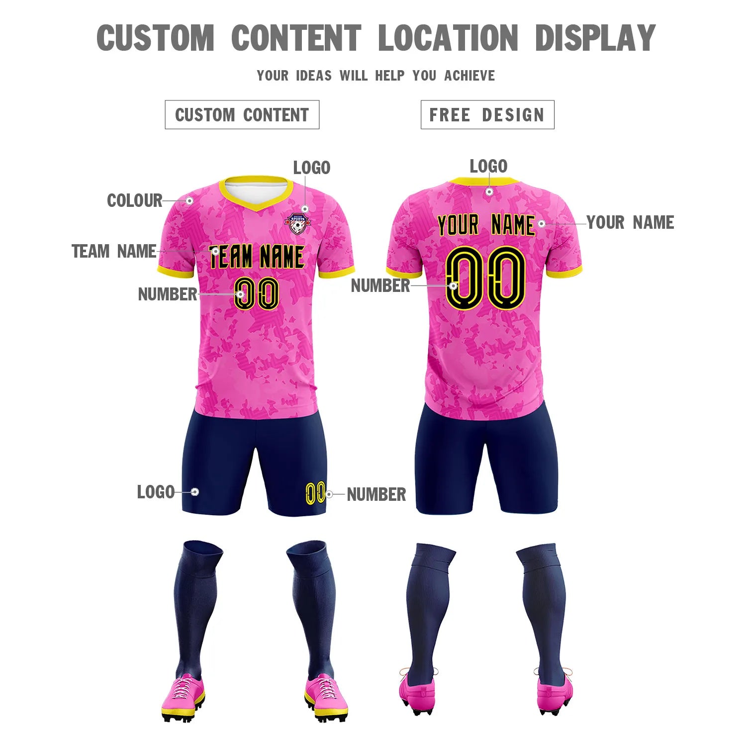 Custom Pink-Navy Printing Outdoor Breathable Soccer Sets Jersey