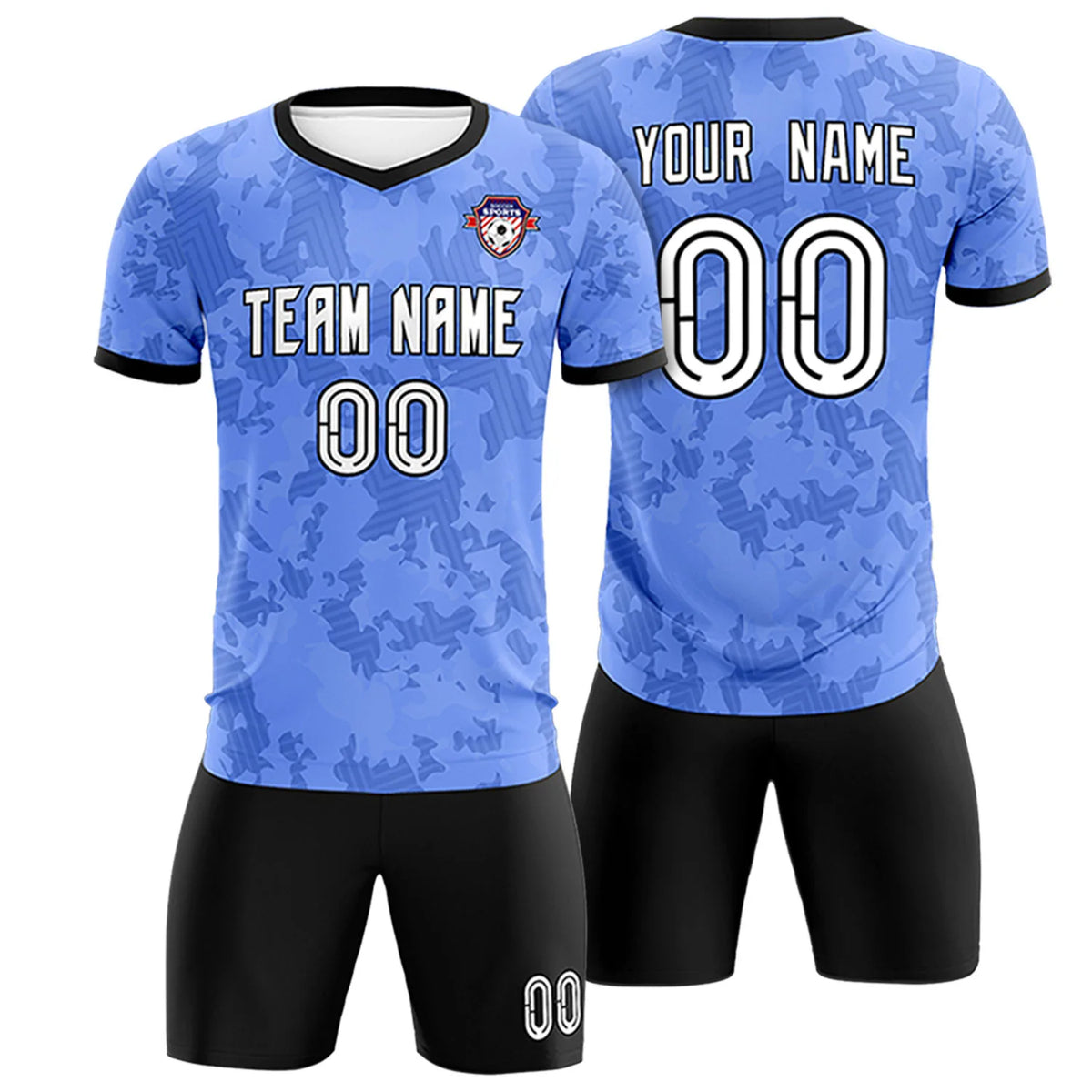 Custom Light Blue-Black Printing Outdoor Breathable Soccer Sets Jersey